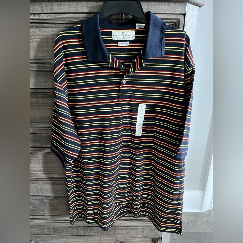 NWT Men’s CONSENSUS Golf Performance Navy Blue/Yellow Stripe Polo Shirt (XXL)